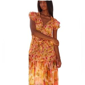 Misa Dress Misa Los Angeles Anouk Golden Flora Mix Flowing Wedding Date Size M